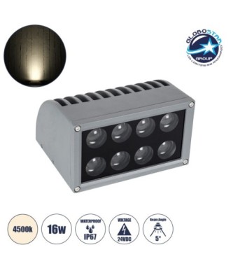 GloboStar® FLOOD-DENA 90486 Επιτοίχιος Προβολέας Wall Washer για Φωτισμό Κτιρίων - Απλίκα & Δαπέδου LED 16W 1520lm 5° DC 24V Αδιάβροχο IP67 Μ15.5 x Π13 x Υ9.1cm Φυσικό Λευκό 4500K - Γκρι Ανθρακί - 3 Years Warranty